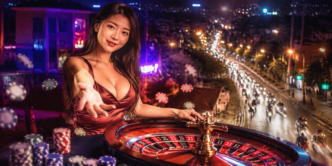 Bàn roulette neon về đêm tại Đà Lạt với ánh đèn đặc trưng